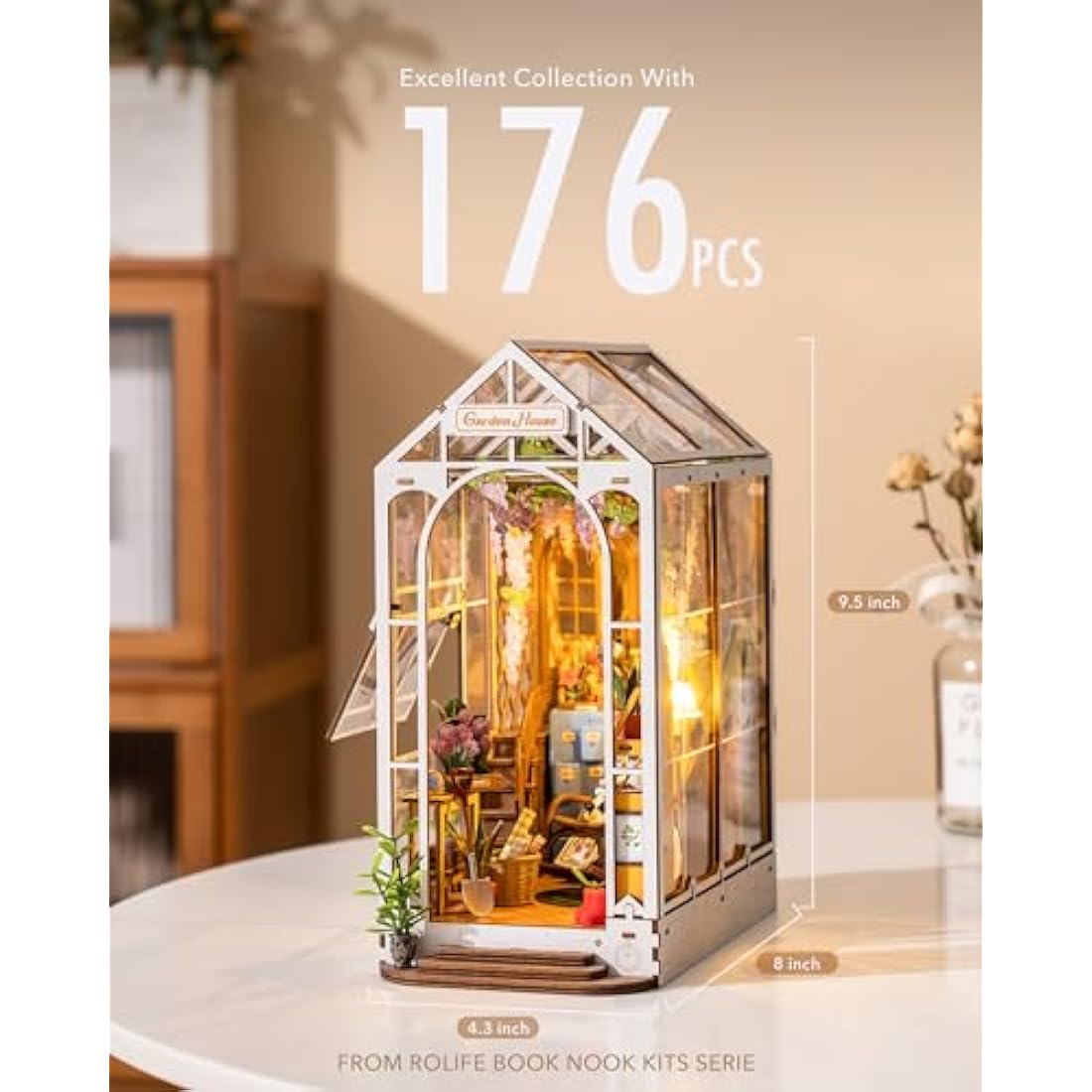 Rolife Book Nook Kits for Adults Gardenhouse DIY Miniature House Kit 3D Puzzles Bookends Bookshelf Decoration Christmas Birthday Gifts for Girls Women LED Lights