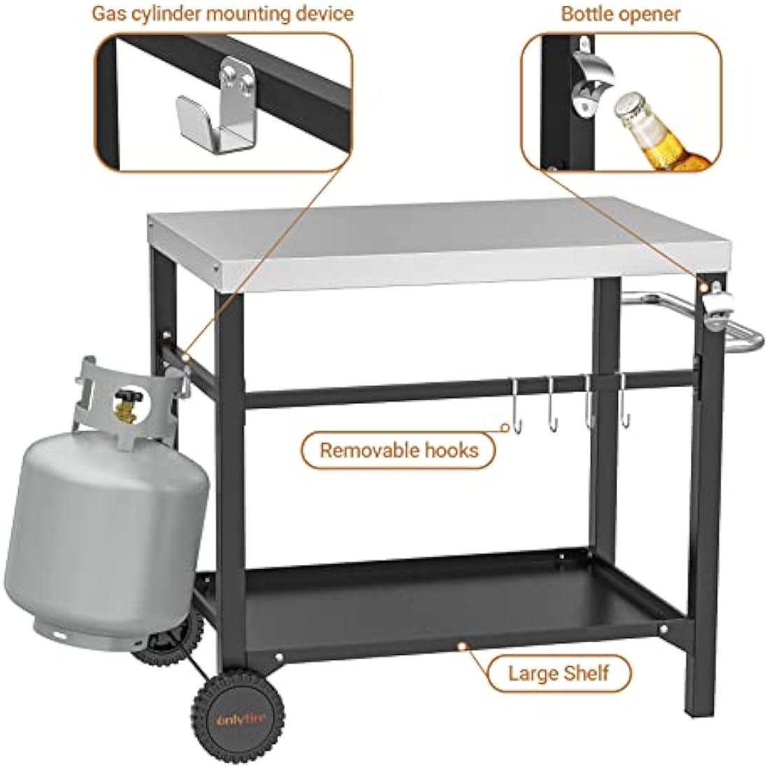Onlyfire BBQ Serving Trolley Table, Stainless Steel Flattop Worktable, Double-Shelf with Utensil Holder for Outdoor Grilling and Cooking
