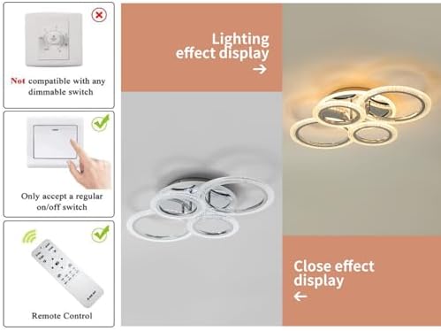 Qcyuui 58W Dimmable LED Ceiling Light, Modern 4-Ring Acrylic Flush Mount Chandelier for Living Room, Bedroom, Dining Room, Chrome Finish