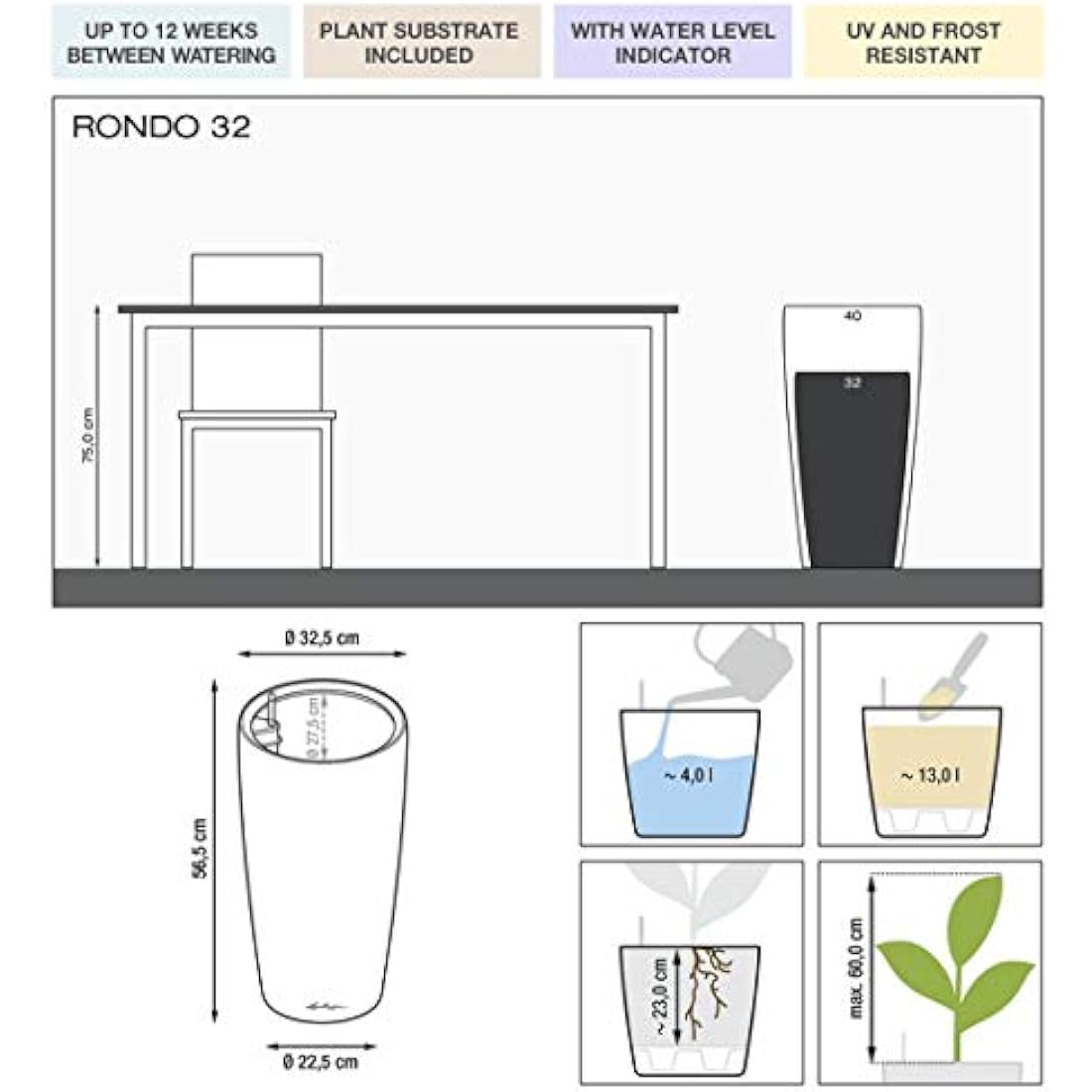 Lechuza RONDO 32 Self Watering Planter Large Plastic Indoor and Outdoor Plant Pot with Drainage Hole D32 H56 cm Charcoal Metallic