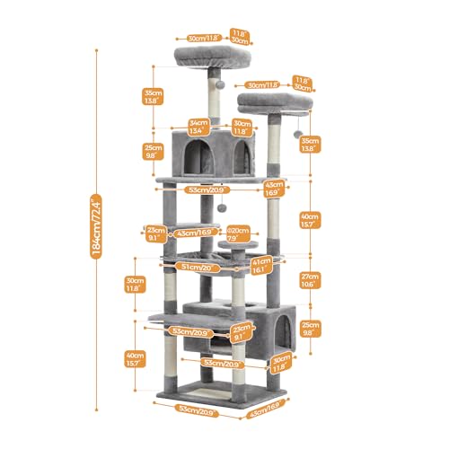 PAWZ Road Large Cat Tree 72.4 Inches 184cm, 6.1ft Cat Tower for Large Cats, Condo with Sisal-Covered Scratching Posts and Pads, 2 Padded Perch, Dual