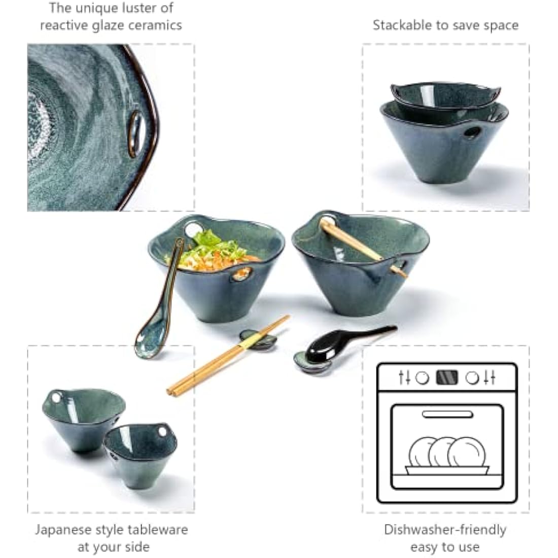 Henten Home Soup Bowls, Large Vintage Noodles Bowl 600ml, Ceramic Ramen Bowls with Spoon and Chopsticks, Japanese Bowl Set of 2 for Udon Soba Pho Asian Noodles - Green