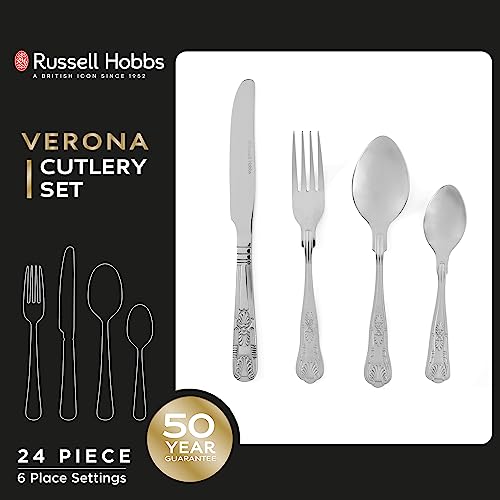 Russell Hobbs RH02850EU7 Verona Cutlery Set  24 Piece, 18/10 Stainless Steel, 6 Place Settings, Includes, Forks, Knives, Tablespoons, Teaspoons,