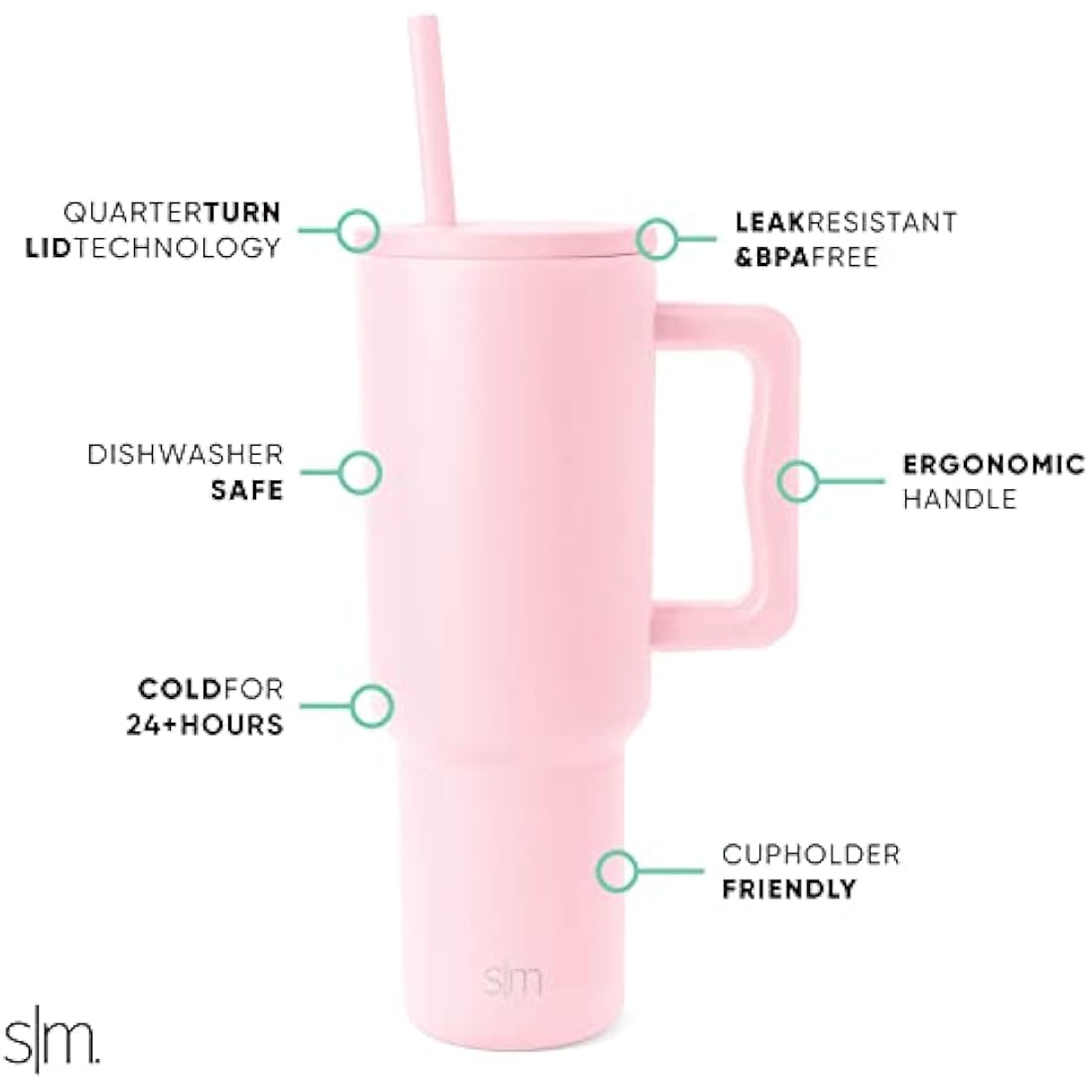 Simple Modern Tumbler 40 oz with Handle and Straw | Insulated Stainless Steel Water Bottle Iced Coffee Cup Travel Mug | Gifts for Women & Men | Trek | 1180ml | Blush