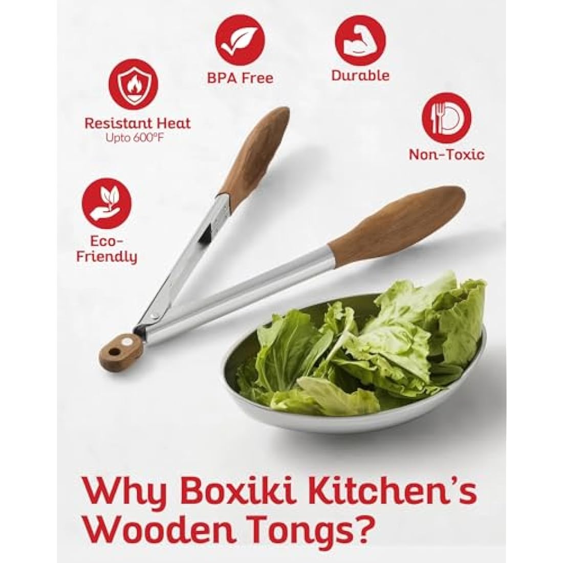 Boxiki Kitchen Tongs for Cooking with Walnut Wooden Tips - Wooden Tongs Ideal for BBQ, Salad, Toaster, Bread & Pickles - Made of Natural Walnut Wood, Size 12 Inch