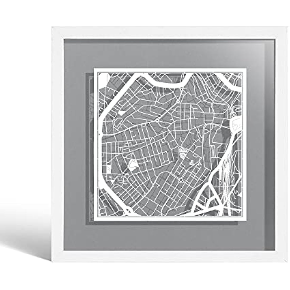 O3 DESIGN STUDIO Sheffield Paper Cut Map framed, White map, White frame, 23x23 cm, Gift Boxed, 4 background color, self-changing, Paper Art