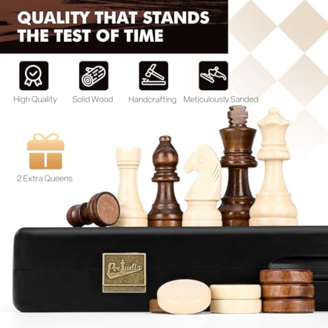 Peradix Chess Set and Draughts Board Games 2 in 1 Set | 15" Magnetic Foldable Wooden Chess Checkers Board | 2 Extral Queen | Educational Toy Set for Adults and Kids (PUZ-39)