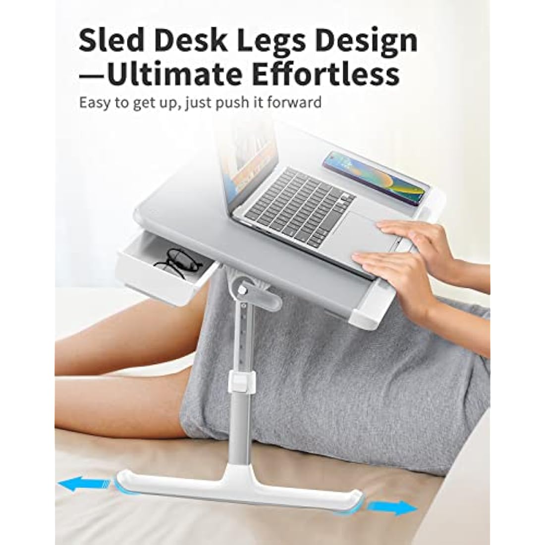 Laptop Bed Table, SAIJI 100% Eco-friendly wooden planks, Laptop Stand with Drawer, Folding Legs, 40kg Load, Angle Height Adjustable, Reading, Eating on Bed, Sofa, Laptop Lap Desk (Grey 23.6 * 12.6in)