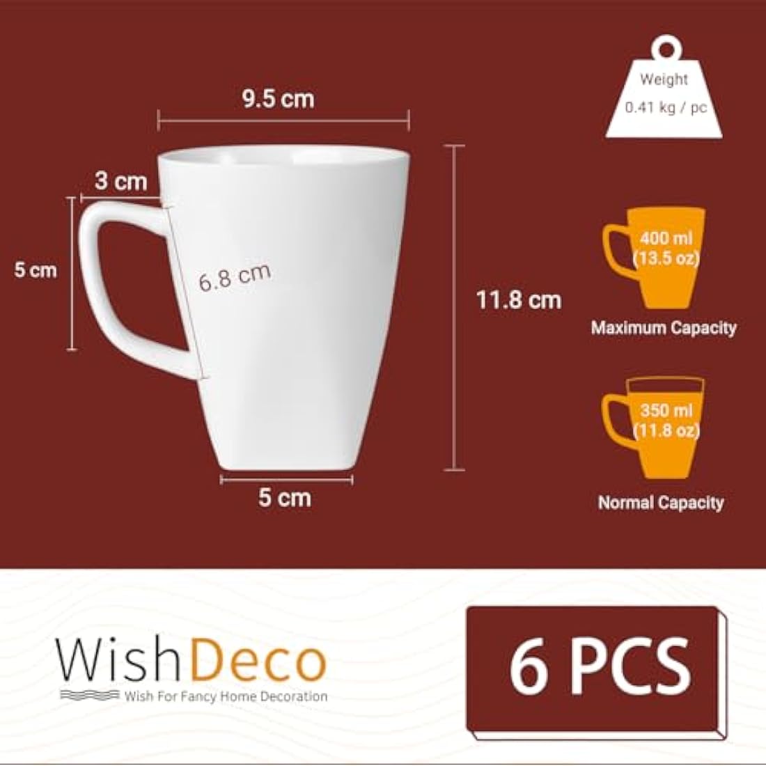 WishDeco Coffee Mugs Set of 6, White Mugs with Handle, 400ml / 14oz Porcelain Coffee Cups, Tea Cups, Large Mugs for Milk, Juice, Hot Chocolate, Latte, Square Bottom