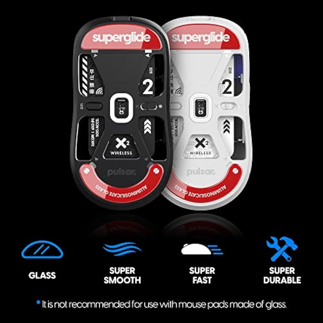 Superglide - Fastest and Smoothest Mouse Feet/Skates Made with Ultra Strong Flawless Glass Super Fast Smooth and Durable Sole for Pulsar X2 & X2 Mini Wireless Gaming Mouse (Red)