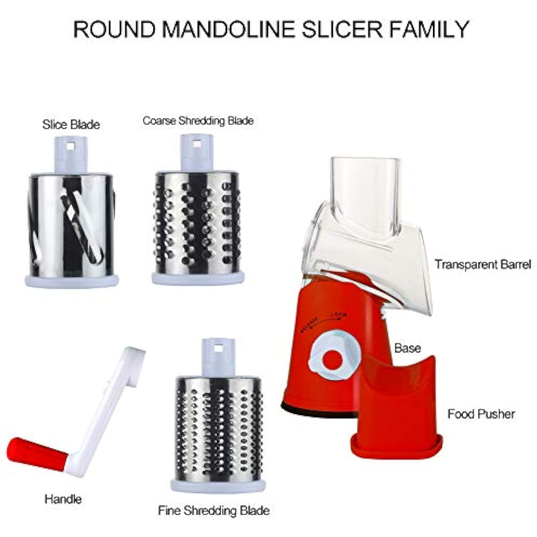 Ourokhome Vegetable Mandoline Slicer Chopper- Rotary Cheese Grater with 3 Interchangeable Ultra Sharp Cylinders Stainless Steel Blades（Red）