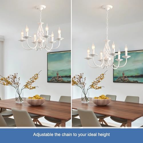 JIINOO French Country Chandeliers, 6 Light Vintage White Chandeliers Ceiling Light, Rustic Pendant Chandelier, Height Adjustable Farmhouse Pendant Light Fixture for Kitchen Dining Room Living Room