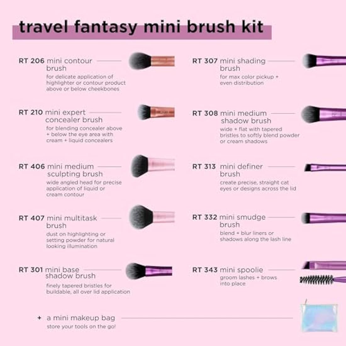 Real Techniques Travel Fantasy Mini Brush Kit, Makeup Brushes For Eyeshadow, Highlight, Contour, Powder, and Concealer, Travel-Sized Brushes and Cosmetic Bag, Synthetic Bristles, 11 Piece Set