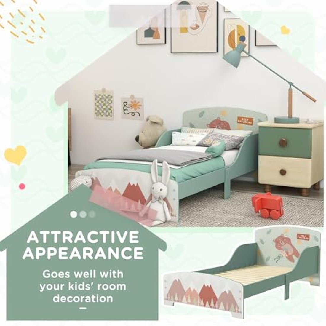 ZONEKIZ Toddler Bed Frame, Kids Bedroom Furniture for Ages 3-6 Years, 77 x 143 x 60cm - Green