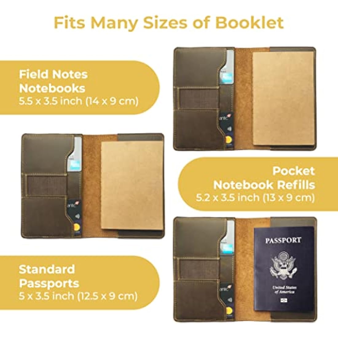 Leather Field Notes Cover, Moleskine Cahier Journal Cover | Handmade Vintage Leather Cover for 3.5" x 5.5" Brown Pocket Field Notebook & Small Notepad | Incl Pen + Field Note Booklet pen card holder