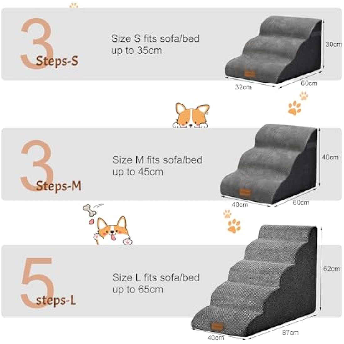 Trhillsbrad Dog Stairs for Small Dogs and Cats - 3-Step Non-Slip Stable Indoor Steps - 40x60x40cm