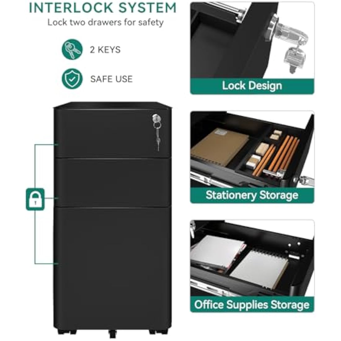 YITAHOME Metal File Cabinet with 3 Lockable Drawers, Mobile Filing Cabinet for Home Office, Under Desk File Office Drawers for Letter/Legal/A4, Fully Assembled, Black, 30 x 46 x 59cm
