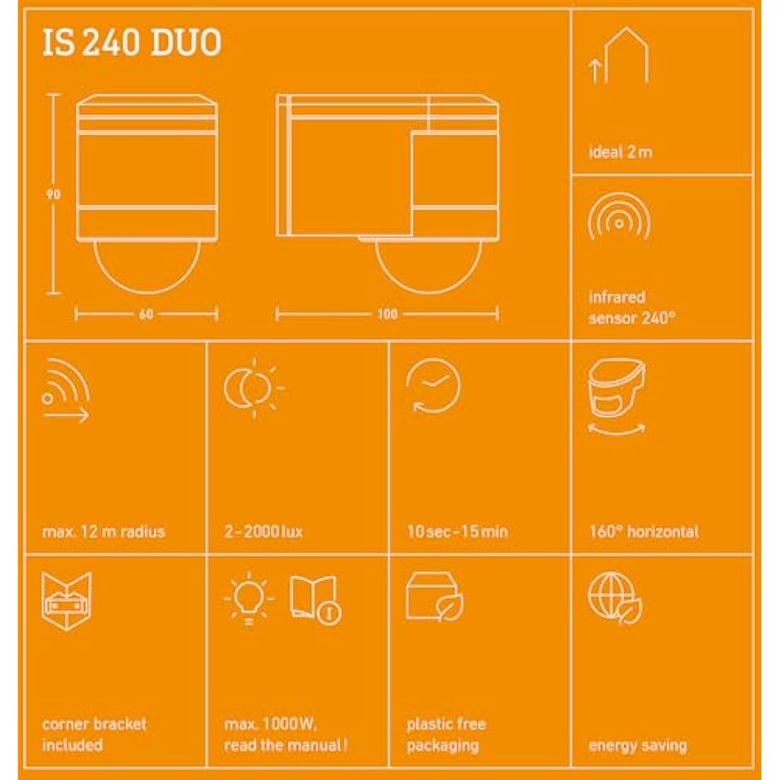 Steinel IS 240 DUO black - motion detector with 240° angle of coverage and max. 12 m range, infrared motion detector for indoor and outdoor use, incl. corner wall mount, 602710