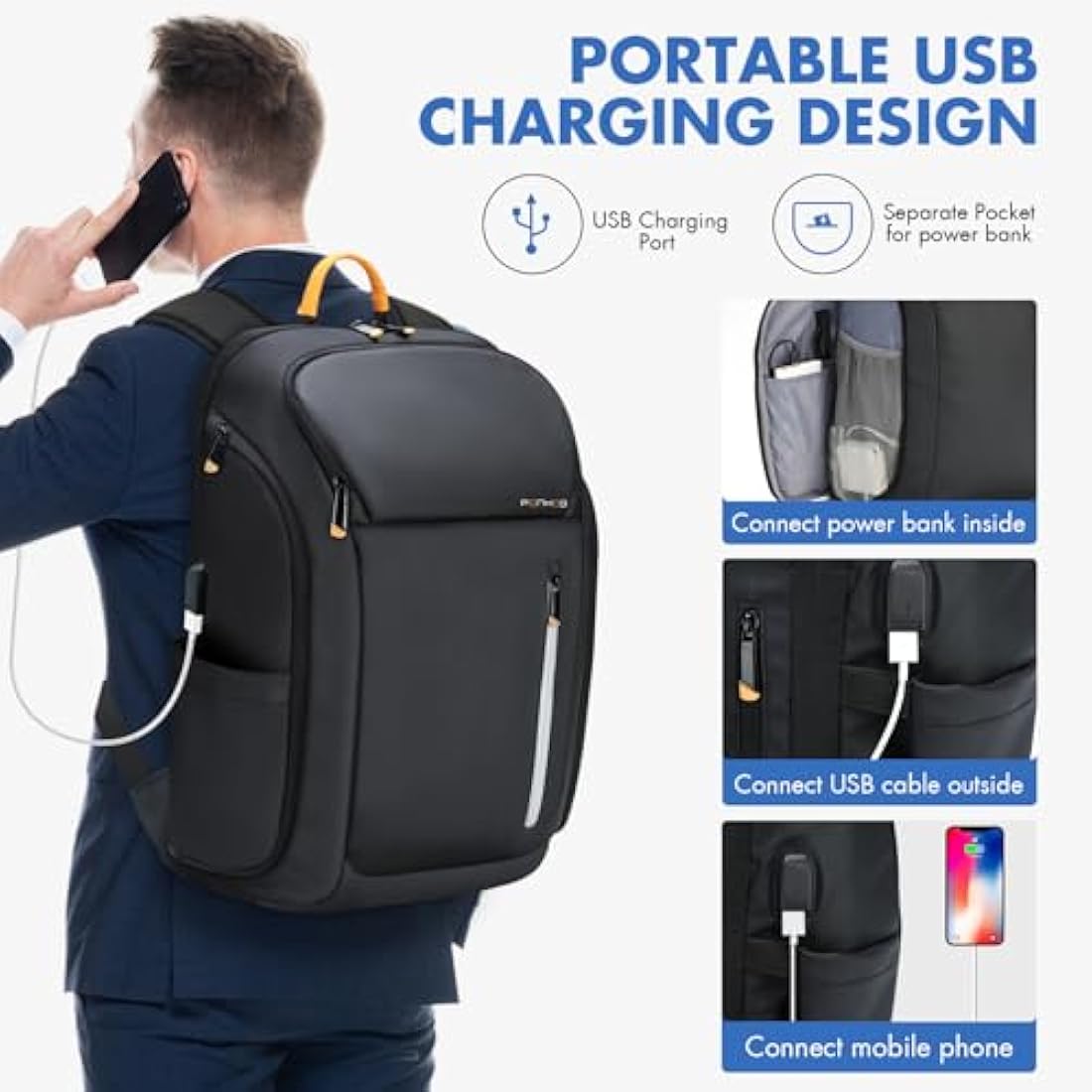 Ponhog Laptop Backpack for Men - 18.4 Inch Large Travel Backpack,40L Tech Backpack with USB Charging Port Anti-Theft Pocket,900D Smart Rucksack for College Business Work Overnight Black