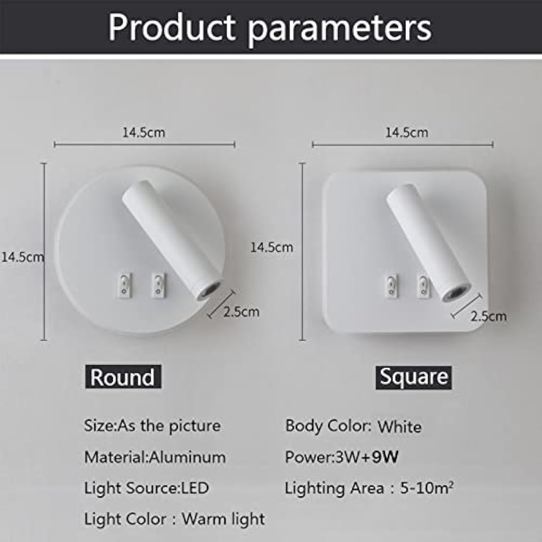 uksunvi LED Wall Mounted Lamp,Bedside Reading Wall Light,12W LED Wall Lamp, Adjustable Spotlight （3W +9W 3000K Warm Light） (White Round)