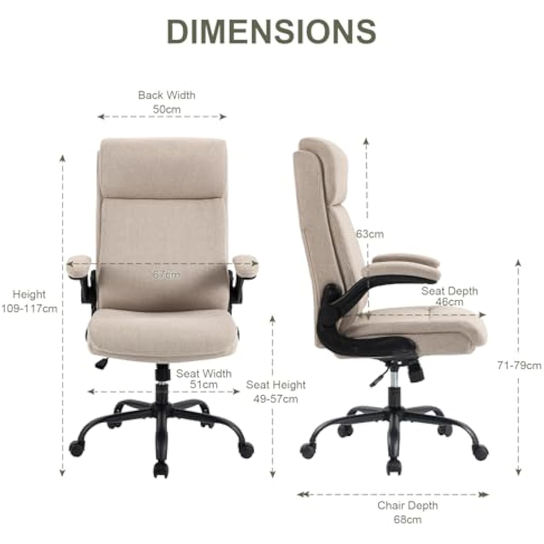 CASTLOVE Ergonomic Office Chair Computer Chair Executive Office Chair with Flip Up Armrest High Back Rocking Function Height Adjustable Comfortable Desk Chair for Home Office Fabric Cream