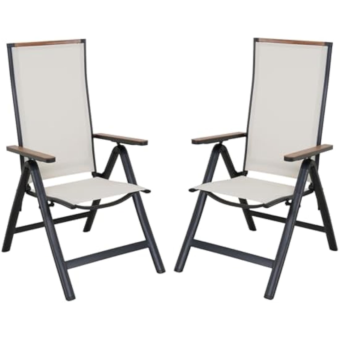 Grand patio folding chair, Aluminium garden chairs set of 2 with Armrest & Mesh breathable Seat, Adjustable 6 Position High Backrest, foldable dining chair for Outdoor, Garden, Dining room (White)