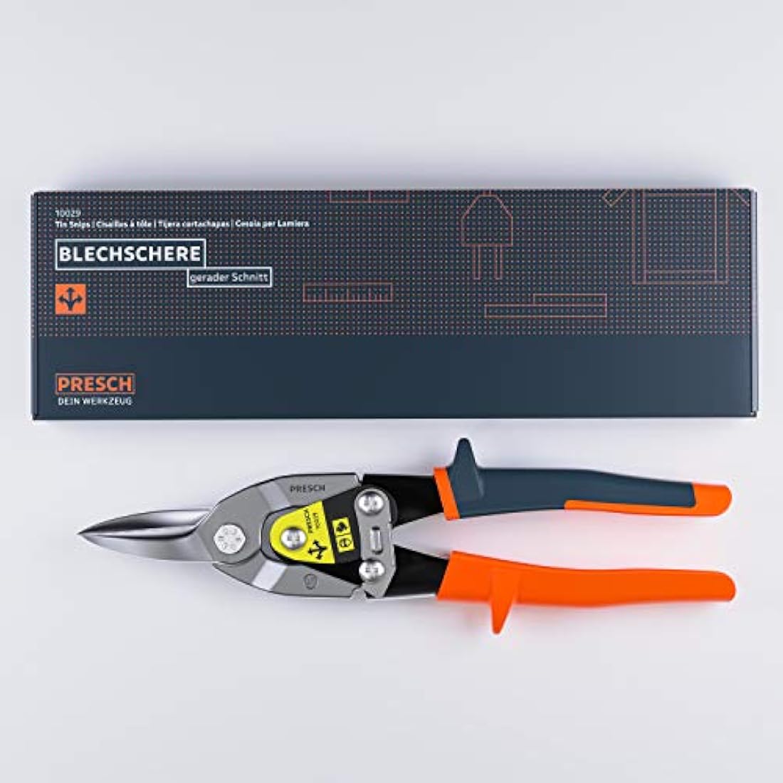 Presch Tin Snips Straight Cut - Heavy Duty Aviation Snips - Drywall Construction Tool for CW and UW Mouldings, Metal Cutting, etc. - Tin Cutter with Lever Transmission