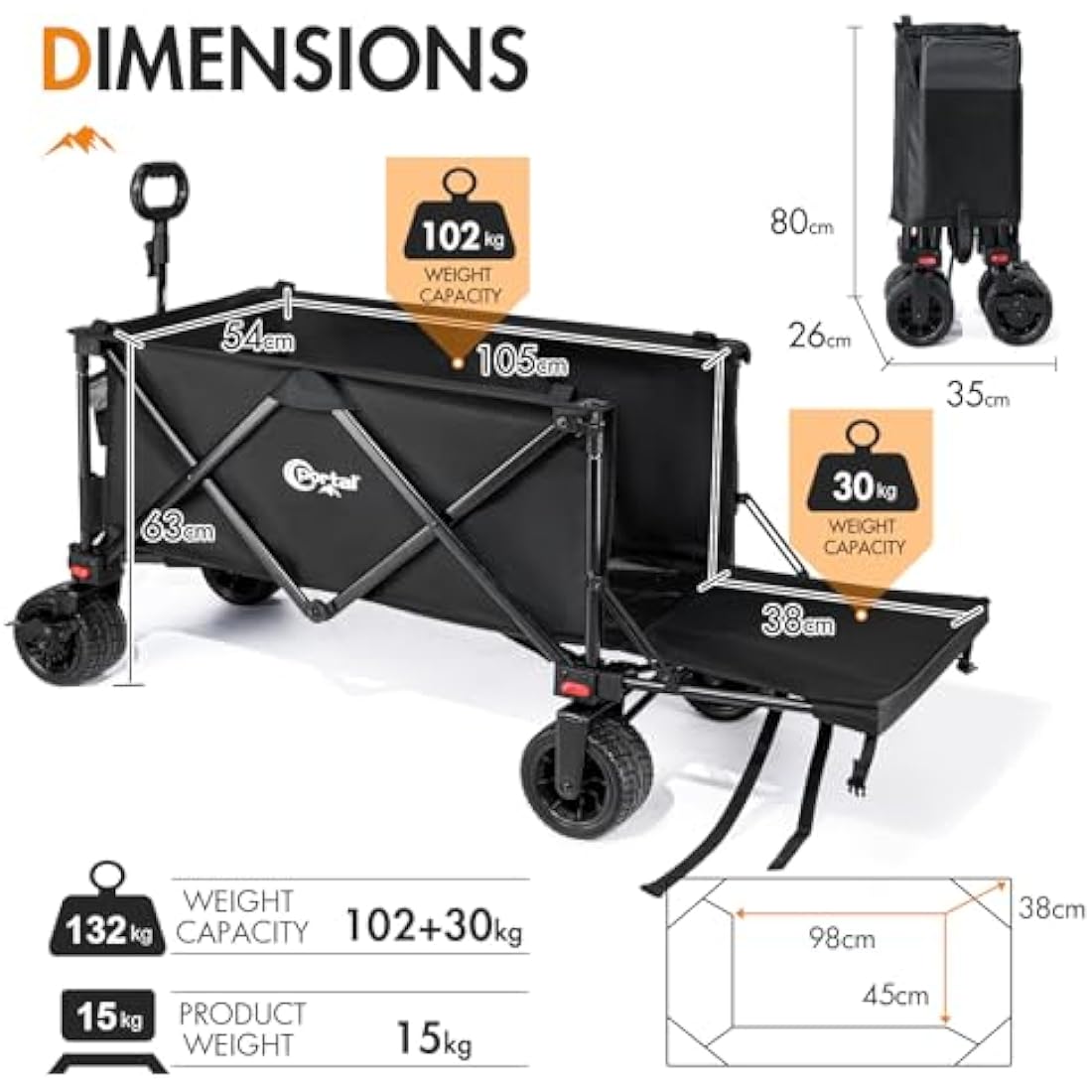 Portal Festival Trolley with Adjustable Tailgate Brakes 300L Beach Trolley for Sand with Wide Wheels Camping Cart Heavy Duty Folding Wagon Collapsible Trailer Buggy for Garden Event