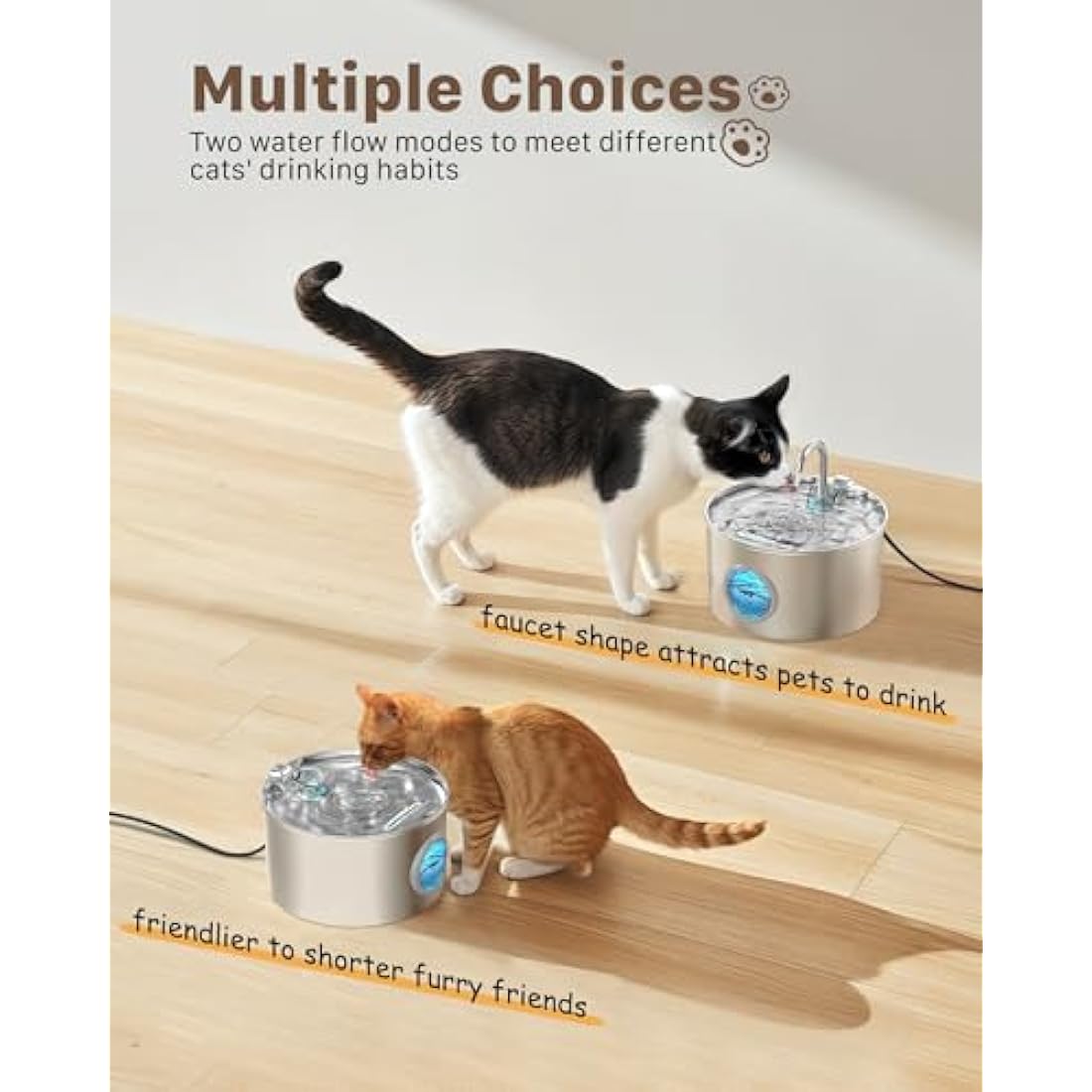 Cat Water Fountain for Drinking: Stainless Steel Cat Fountain - 2.2L Cat Water Bowl - Pet Water Fountain - Pet Water Dispenser - Cat Drinking Fountain UK - with 6 Filters + 3 Foam Filters
