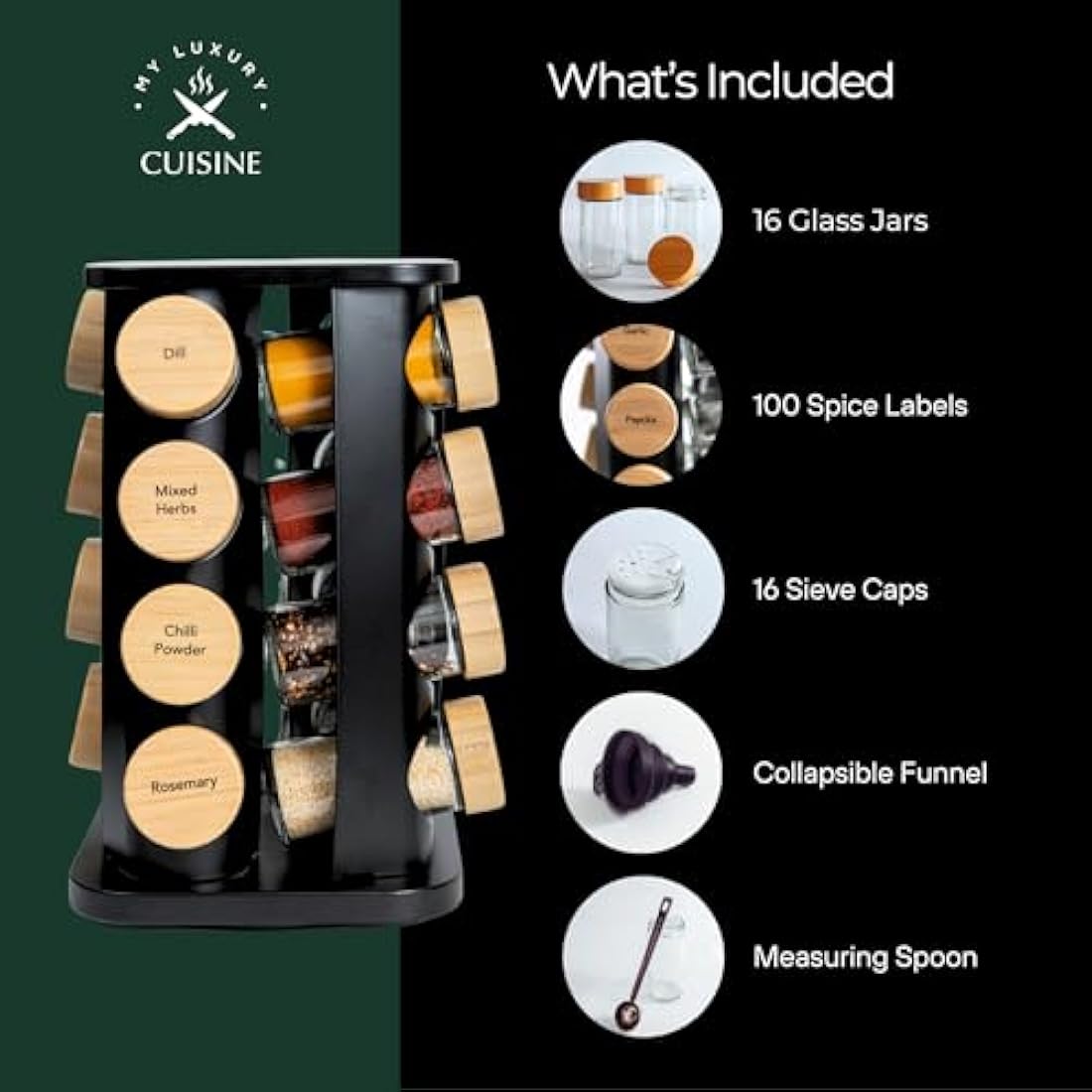 My Luxury Cuisine Rotating Spice Rack, Aesthetic Spice Rack for Inside Cupboard or Free Standing, Ideal Spice Rack Organiser Including 16 Spice Jars with Lids and Labels to Easily Sort your Spices.