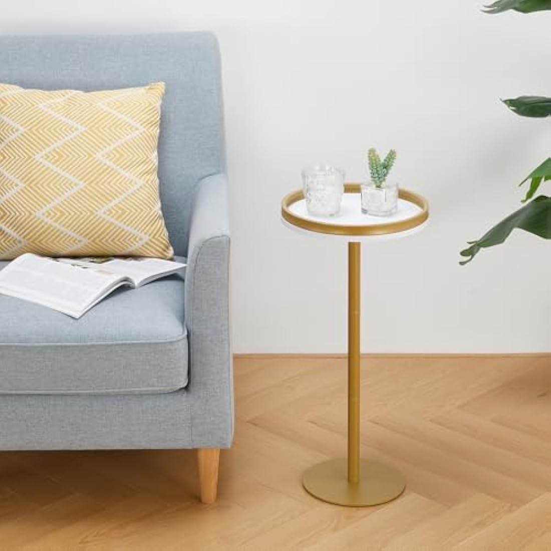 ZEXVIDA Small Round Coffee Table for Small Spaces,Drink Table for Living Room, Bedroom, Bathroom,Balcony (White Gold)
