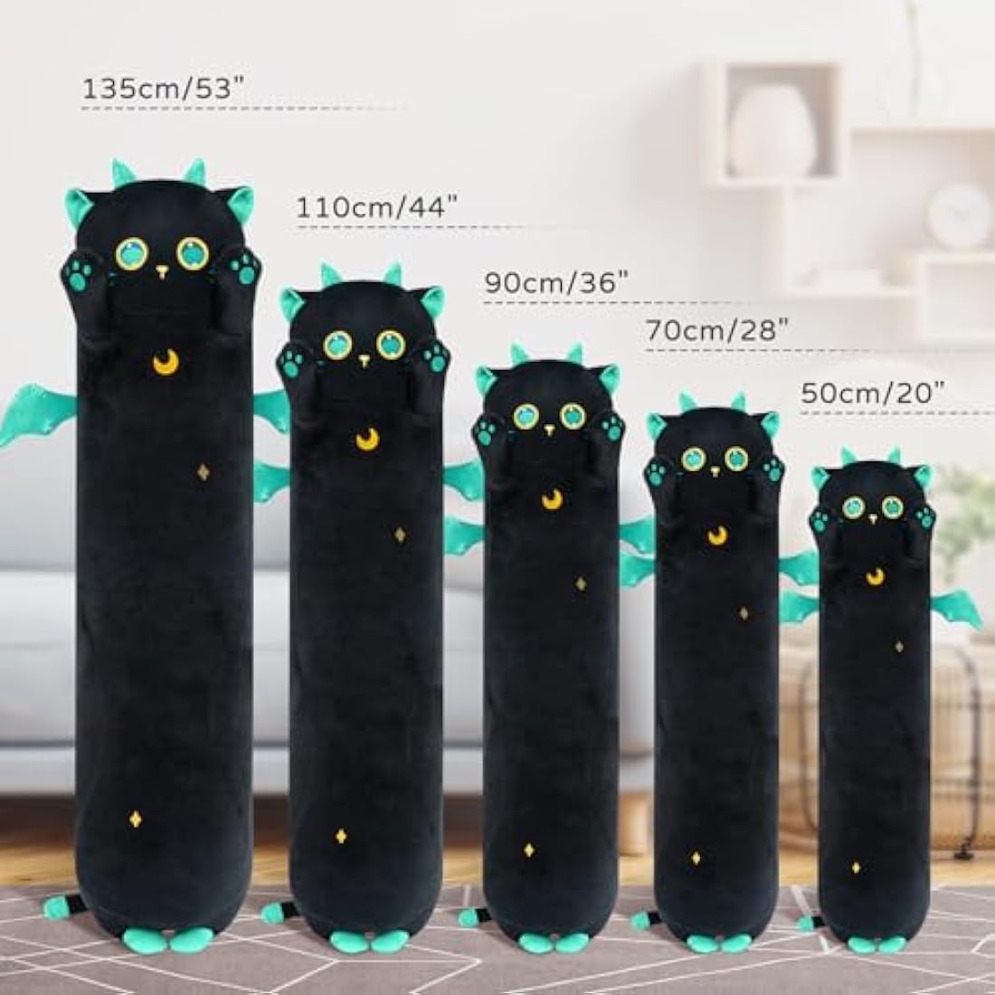 Mewaii 20in Long Cat Plush Pillows Stuffed Animals Squishy Pillows - Plushie Cute Big Green Eyes Sleeping Hugging Plush Pillow Soft Toys for Kids(Black)