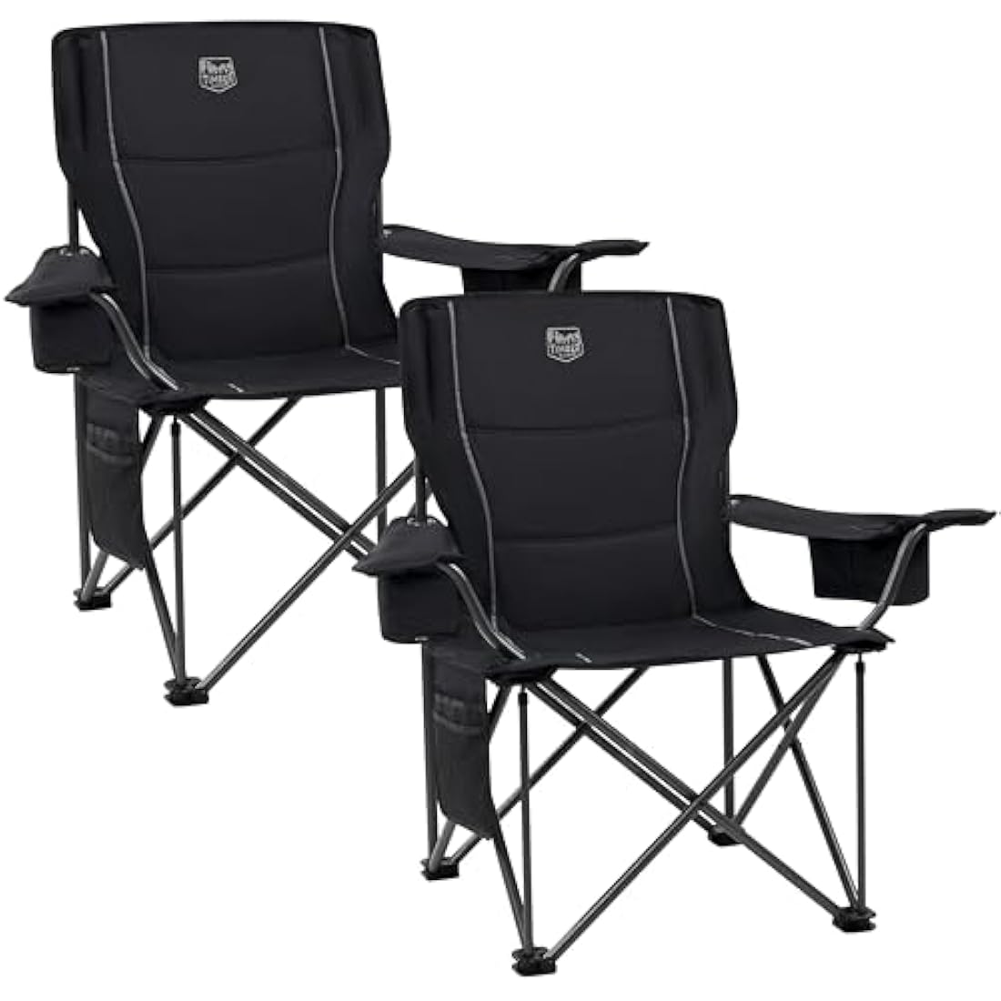 TIMBER RIDGE Camping Chairs for Adults Heavy Duty 200kg Oversized, Padded Folding Chair with Cup Holder and Cooler Bag Comfy for Outdoor Picnic Fishing Garden, Lightweight and Portable (Black- 2PCs)