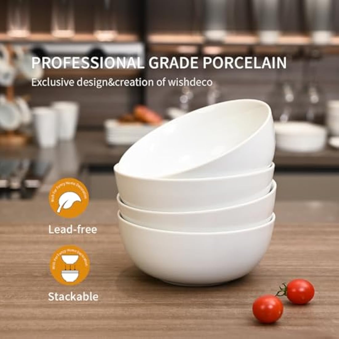 WishDeco Cereal Bowls Set of 4, Soup Bowls, 600ml Breakfast Bowl, Ceramic White Bowl for Dessert, Pasta, Noodle, Salad, Fruit, Microwave & Dishwasher Safe