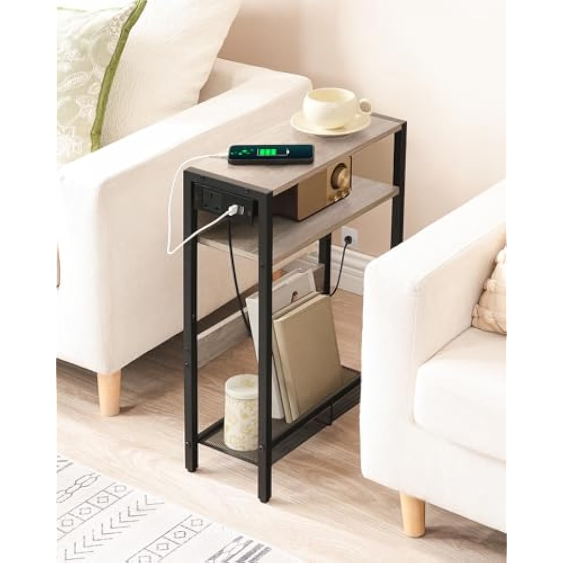 CHOEZON Side Table with Charging Station, Narrow End Table, Slim Nightstand for Small Space, Skinny Beside Table with Storage, for Living Room, Bedroom, Greige and Black DTBZ05KBH