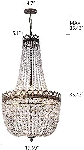 Wellmet Crystal Chandelier Lights, 9-Light French Empire Foyer Chandelier Pendant, Hanging Ceiling Lighting Fixture for Hallway Dining Living Room Bedroom Kitchen, 30" H x 19.69" W, Antique Bronze