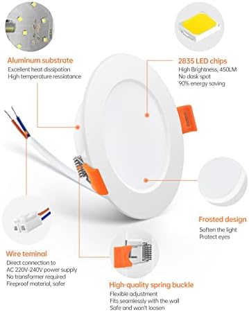 Tomosu LED Downlights for Ceiling Cool White 6000K 5W 450LM, AC 220-240V, Cut Φ75-90mm, 24mm Ultra Slim LED Recessed Ceiling Lights, IP44 Spotlights for Bathroom, 20 Pack