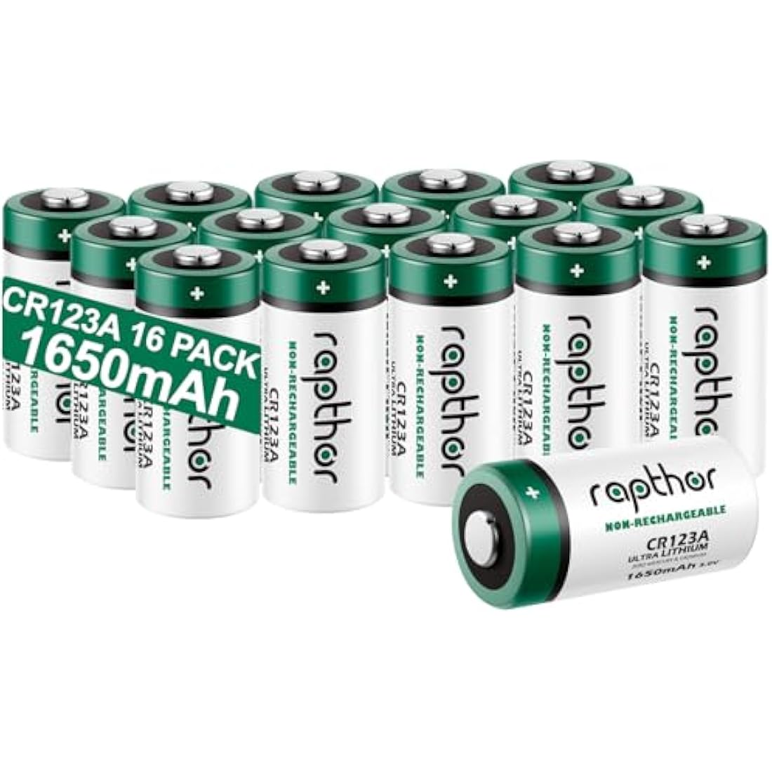 Rapthor CR123A 3V Lithium Battery 1650mAh High Power CR123 123a CR17345 Non-rechargeable Batteries with Built-in PTC for Flashlight Toys Alarm System Microphones (16 Pack)