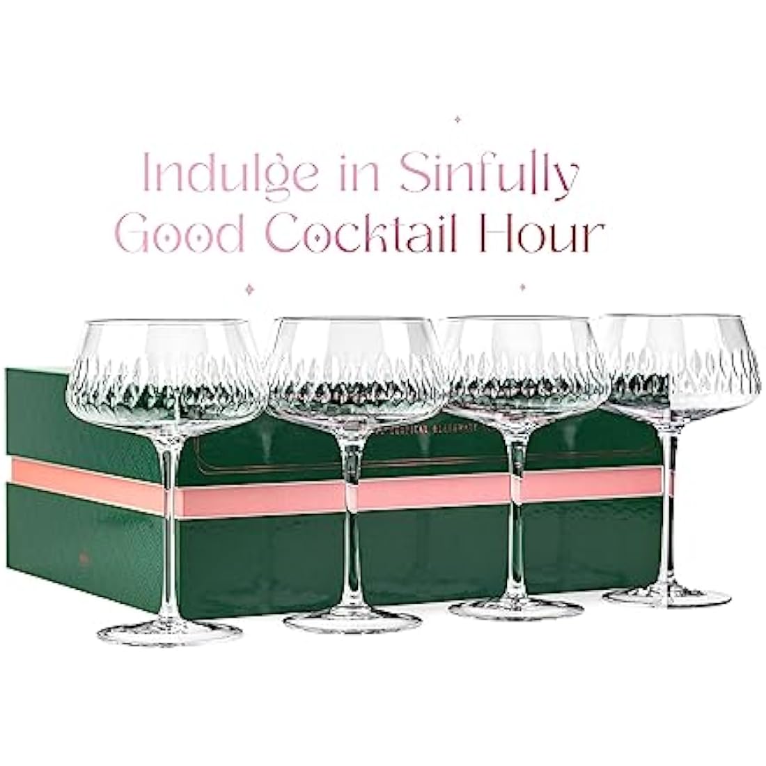 GLASSIQUE CADEAU Vintage Flamingo Belle Coupe Glasses for Cocktails and Champagne | Set of 4 | 340 ml Crystal Retro Style Stemmed Saucers for Elegant Bar Drinks | Tropical Glassware Collection