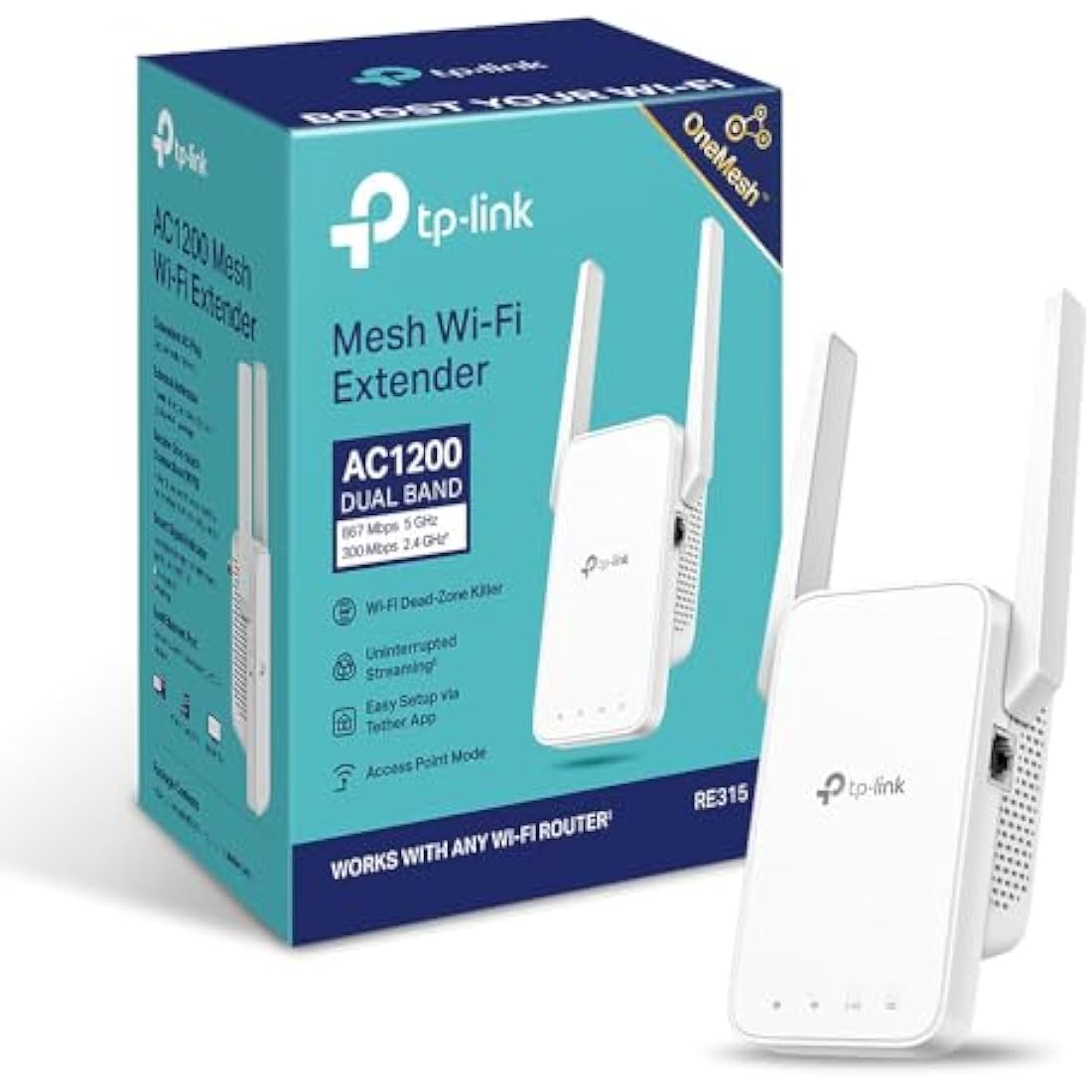 TP-Link RE315 AC1200Mbps WiFi Extender Booster Dual Band, 2 External Antennas, EasyMesh, WiFi Booster Range Extender, Internet Booster, Access Point, Works with Any WiFi Router, Easy Setup, UK Plug