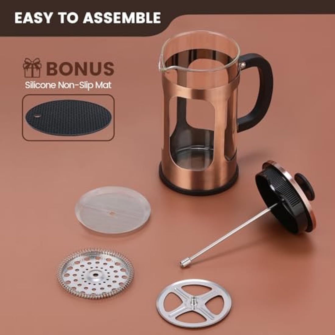 KOOYAT Cafetiere French Press Coffee Maker with Capacity of 1000ml / 6 cup Large Coffee Press for Ground Coffee in Home Office or Travel Heat-Resistant Caffettiera Gift Set for Women and Men Copper