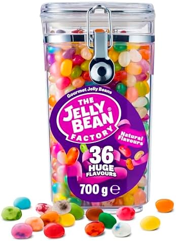 The Jelly Bean Factory, Jelly Beans Gift 700 g Jar of Sweets, Gluten Free - 36 Natural, Huge Flavour Fruit Jellies, Chewy, Retro American Sweets for Kids, Adults - Gourmet Pick and Mix Jellybeans
