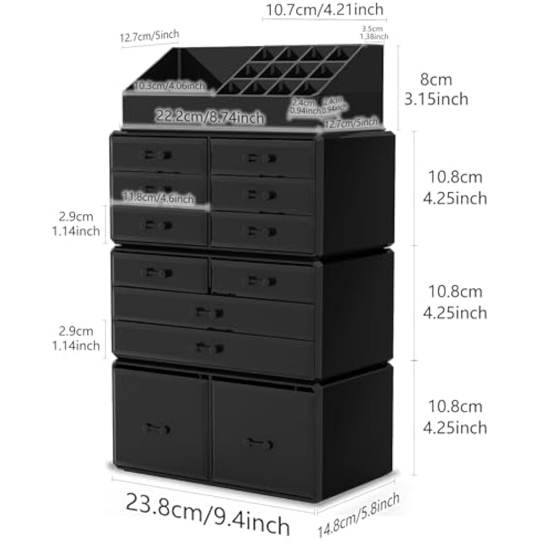 READAEER Makeup Cosmetic Organizer Storage Drawers Display Boxes Case with 12 Drawers (Black)