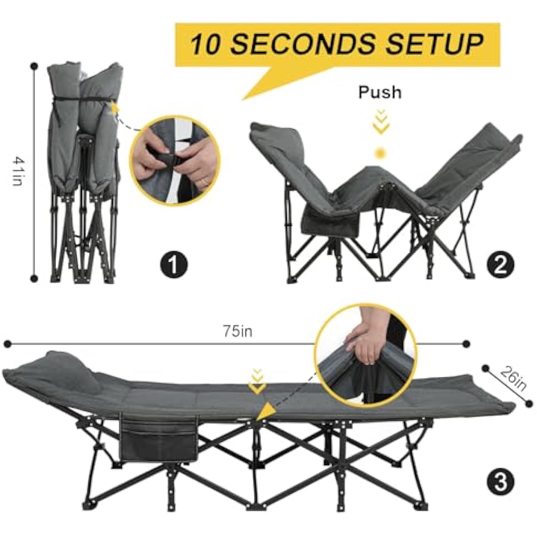 ATORPOK SHOP Camp Beds for Adults with Cushion and Pillow, Portable Travel Camping Cot for Sleeping, Lightweight Tent cot with Carry Bag Supports 450 lbs (Gray)
