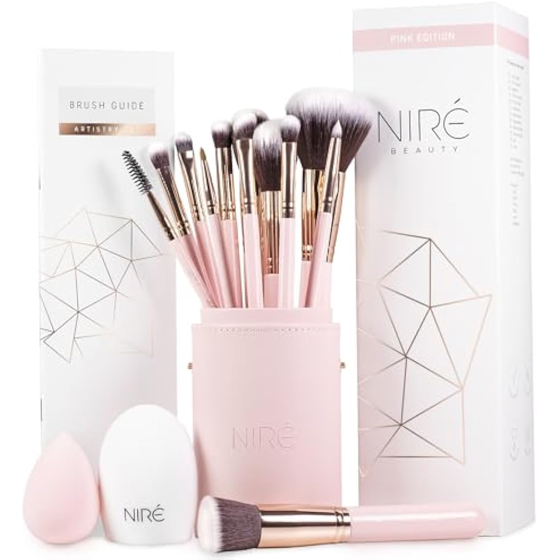 Niré Beauty Pink Makeup Brushes - 15-piece Award Winning Pink Makeup Brush Set with Case, Blending Sponge, Brush Cleaner, Guide, Gift Box