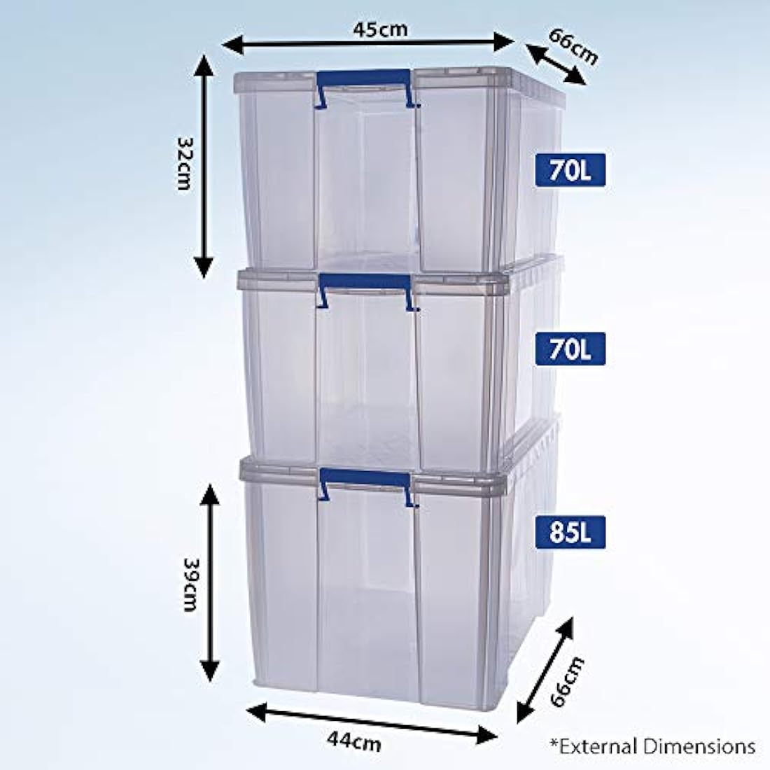 BANKERS BOX Plastic Storage Boxes with Lids, Pack of 3, 2 x 70 Litre + 1 x 85 Litre. ProStore Strong Stackable Plastic Storage Boxes, Made in the UK, Clear