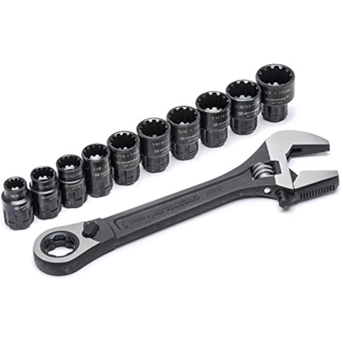 Crescent CPTAW8 11 Piece 3-in-1 X6 Pass-Thru Adjustable Wrench/Spanner, Pipe Wrench and Pass-Thru Ratchet with Universal Sockets