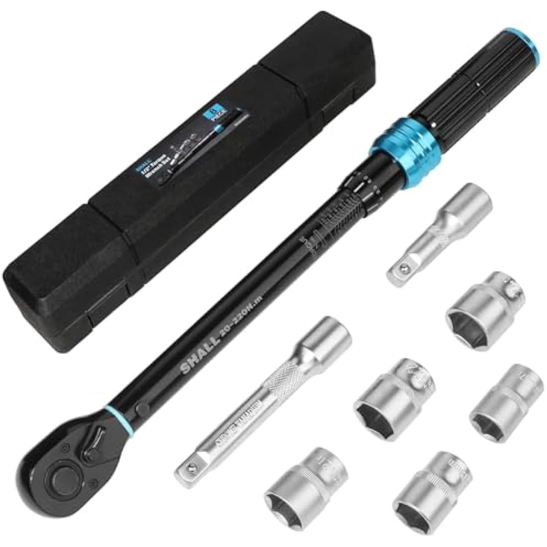 Shall 7-Piece 1/2" Torque Wrench Set, (20-220Nm) Dual Direction Adjustable 72 Tooth for Suitable for car and Motorcycle Maintenance,with Extension Pole and Storage Box
