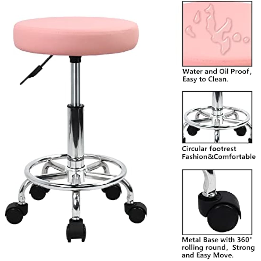 KKTONER PU Leather Round Rolling Stool with Foot Rest Swivel Height Adjustment Spa Drafting Salon Tattoo Work Office Massage Stools Task Chair Small (Pink)