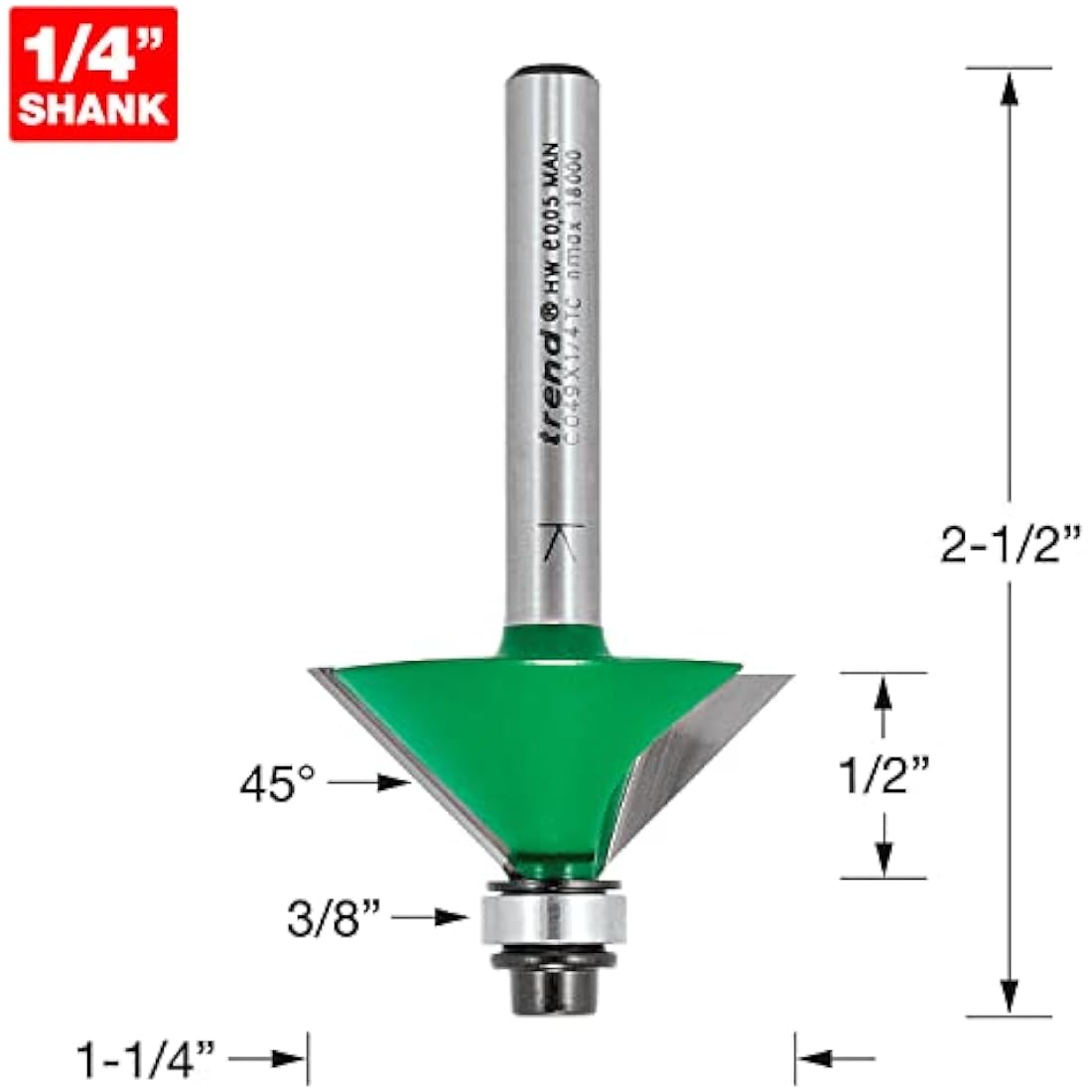 Trend CraftPro Two Flute Self Guided Chamfer Router Cutter Bit, 1/4 Inch Shank, 12.7mm Cut Diameter & 45 Degree V Groove, Tungsten Carbide Tipped, C049X1/4TC